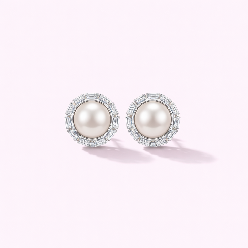 Regal Pearl Halo Stud Earrings - High Quality Zirconia - Rodhium Plated